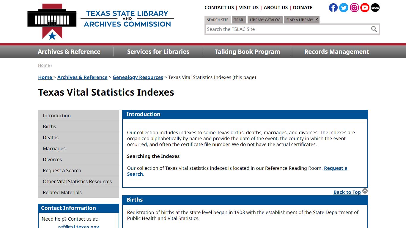 Texas Vital Statistics Indexes | TSLAC